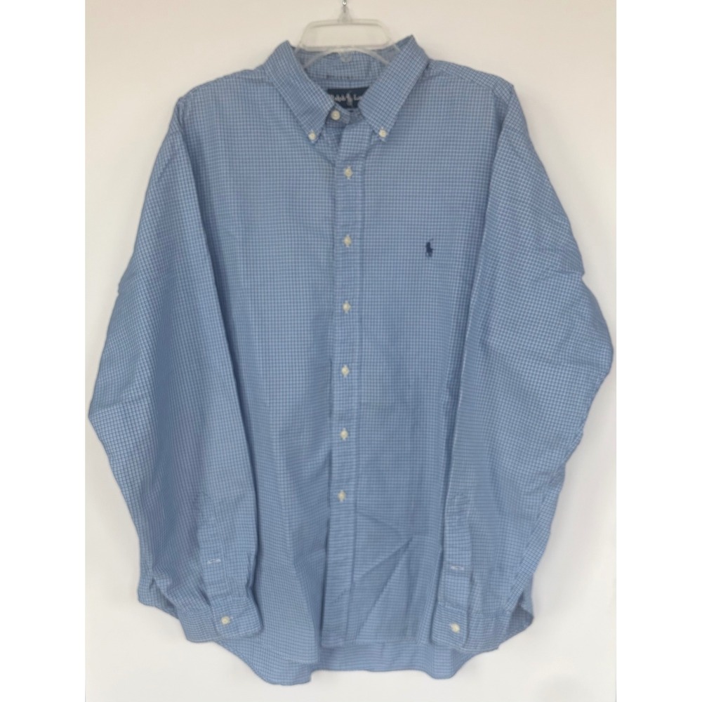 Ralph Lauren Classic Fit Blue Check Button Down Shirt Mens XXL 18 Long Sleeve